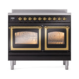 ILVE 40-Inch Nostalgie II Noblesse Induction Range with Triple Glass Door in Glossy Black with Brass Trim (UNDI406NMPBKG)