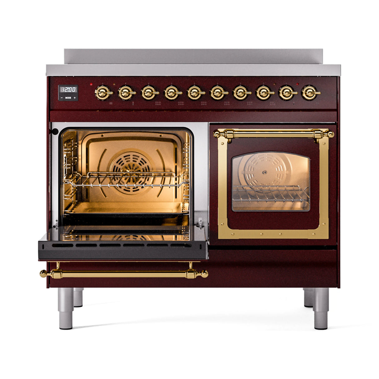 ILVE 40-Inch Nostalgie II Noblesse Induction Range with Triple Glass Door in Burgundy with Brass Trim (UNDI406NMPBUG)