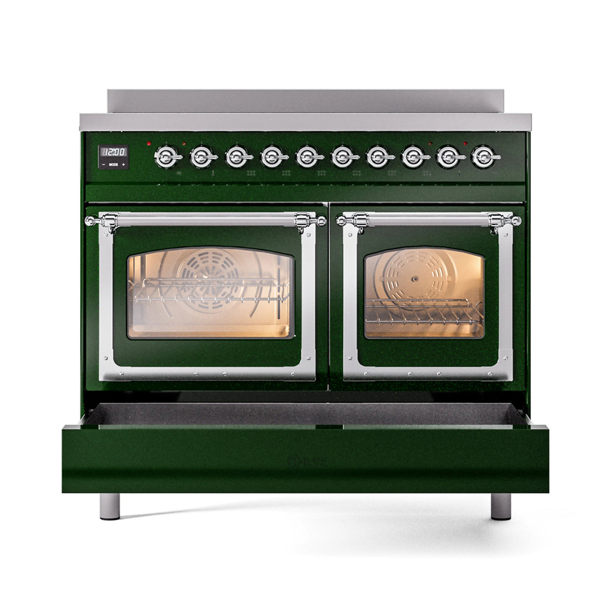 ILVE 40-Inch Nostalgie II Noblesse Induction Range with Triple Glass Door in Emerald Green with Chrome Trim (UNDI406NMPEGC)
