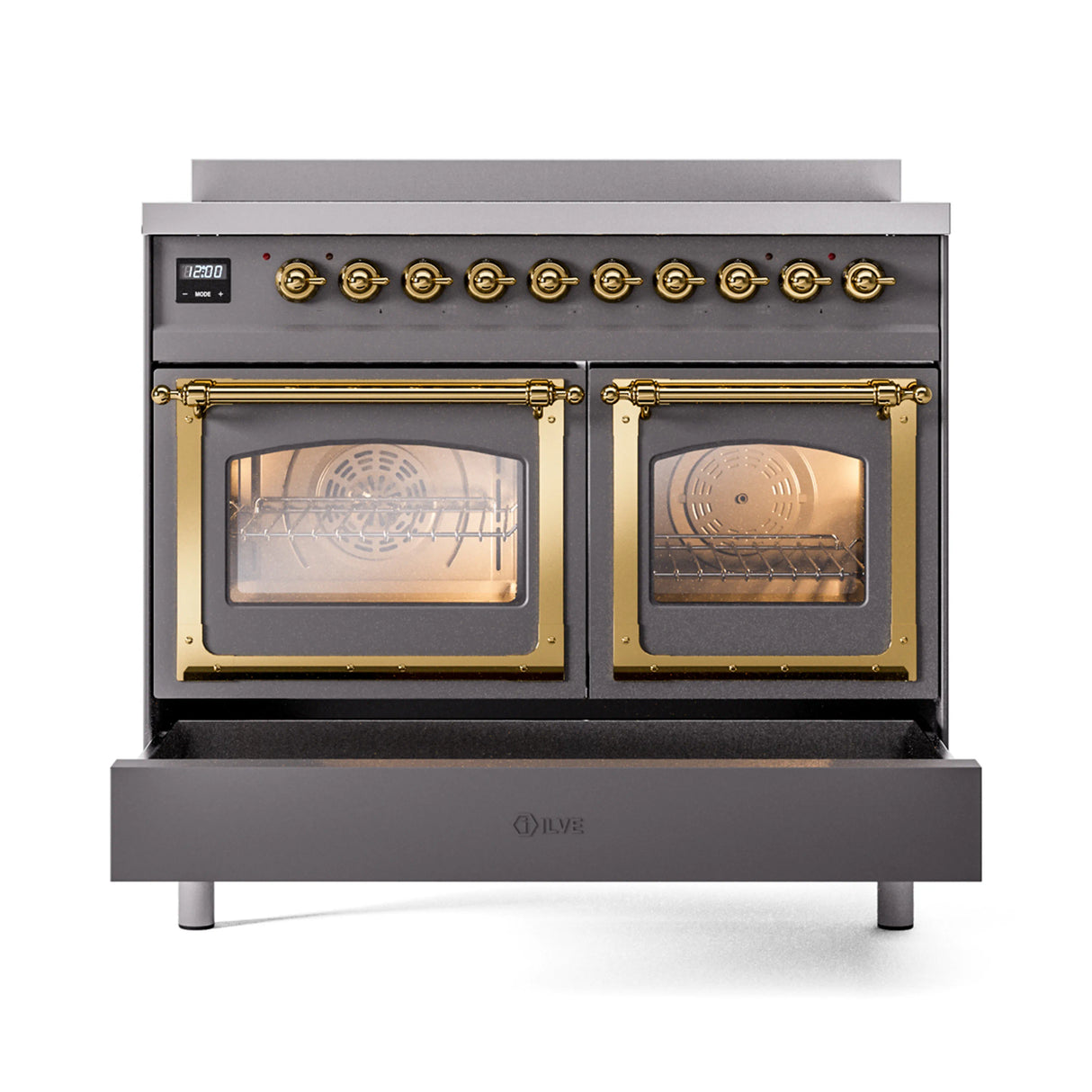 ILVE 40-Inch Nostalgie II Noblesse Induction Range with Triple Glass Door in Matte Graphite with Brass Trim (UNDI406NMPMGG)