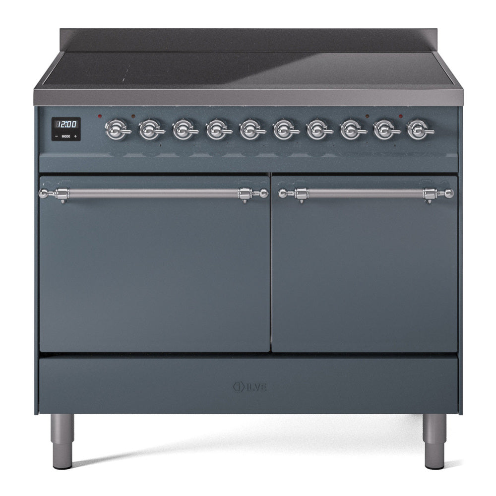 ILVE 40-Inch Nostalgie II Induction Range with Solid Door Oven in Blue Grey with Chrome Trim (UPDI406QNMPBGC)