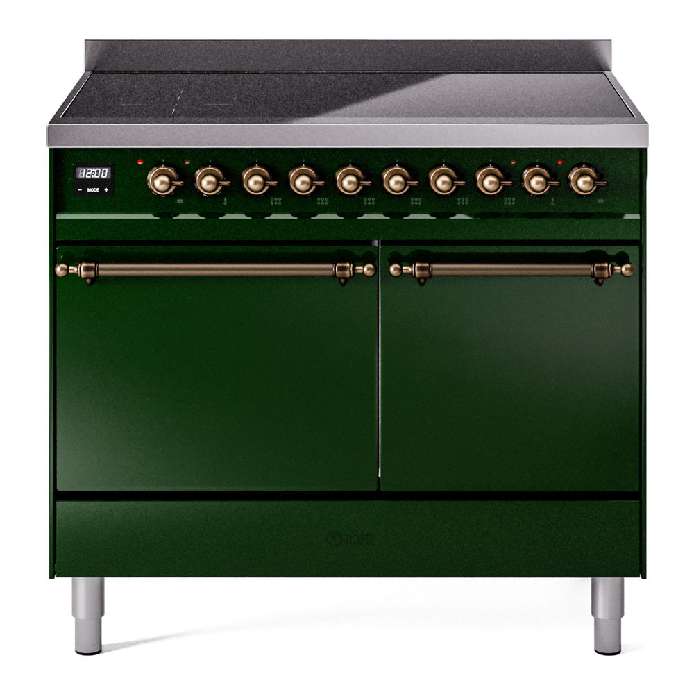 ILVE 40-Inch Nostalgie II Induction Range with Solid Door Oven in Emerald Green with Bronze Trim (UPDI406QNMPEGB)