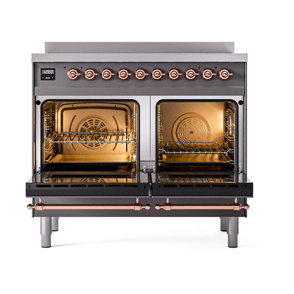 ILVE 40-Inch Nostalgie II Induction Range with Solid Door Oven in Matte Graphite with Copper Trim (UPDI406QNMPMGP)