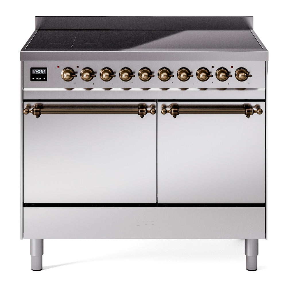 ILVE 40-Inch Nostalgie II Induction Range with Solid Door Oven in Stainless Steel with Bronze Trim (UPDI406QNMPSSB)