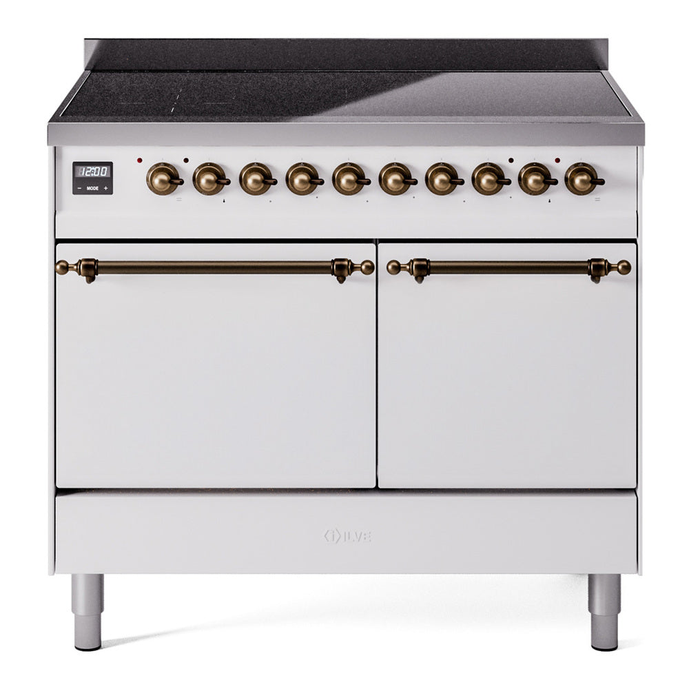 ILVE 40-Inch Nostalgie II Induction Range with Solid Door Oven in White with Bronze Trim (UPDI406QNMPWHB)