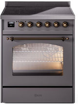 ILVE Nostalgie II 30-Inch Freestanding Electric Induction Range in Matte Graphite with Bronze Trim (UPI304NMPMGB)