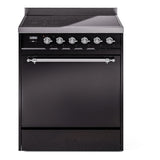 ILVE 30-Inch Nostalgie II Induction Range with Solid Door Oven in Glossy Black with Chrome Trim (UPI304QNMPBKC)