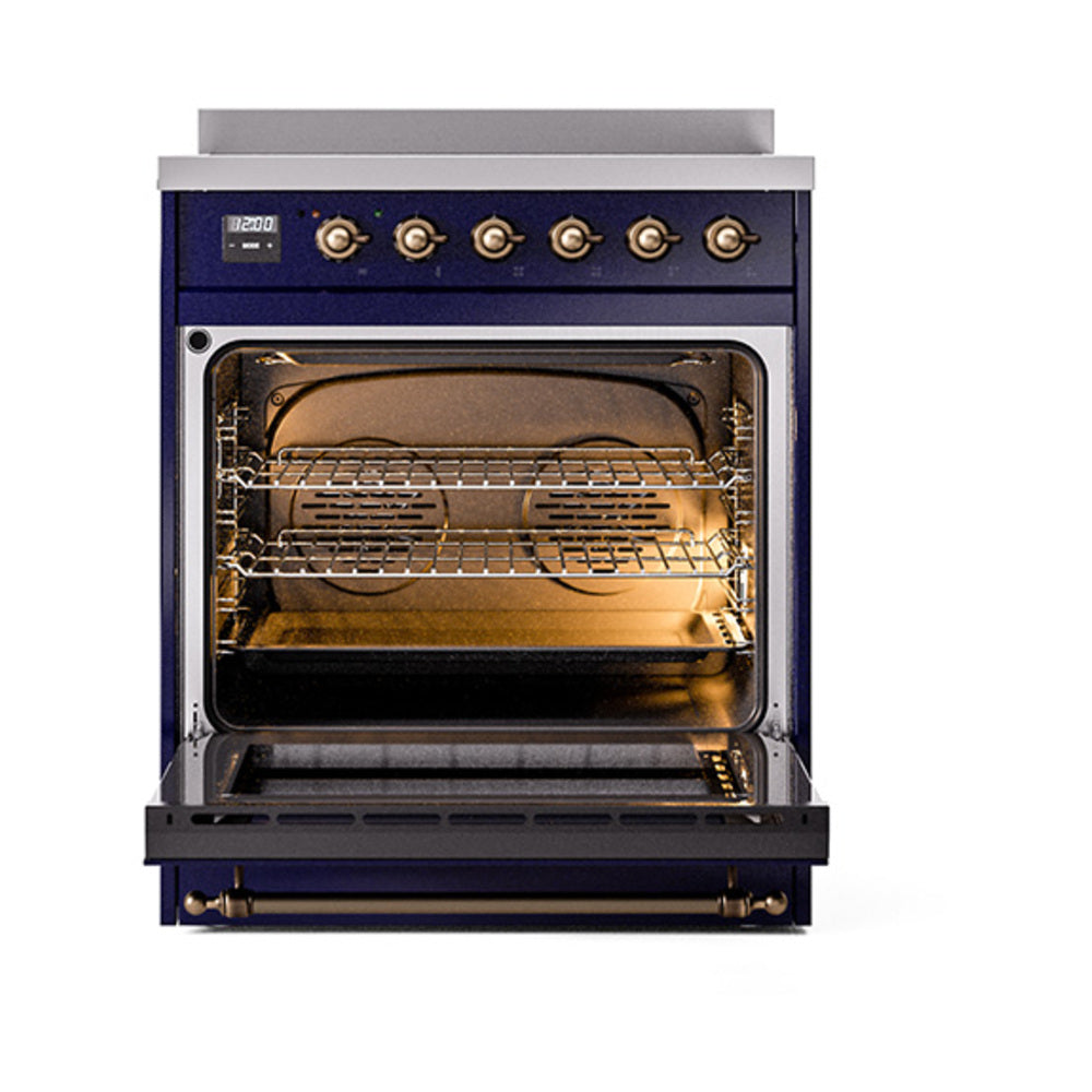 ILVE 30-Inch Nostalgie II Induction Range with Solid Door Oven in Midnight Blue with Bronze Trim (UPI304QNMPMBB)
