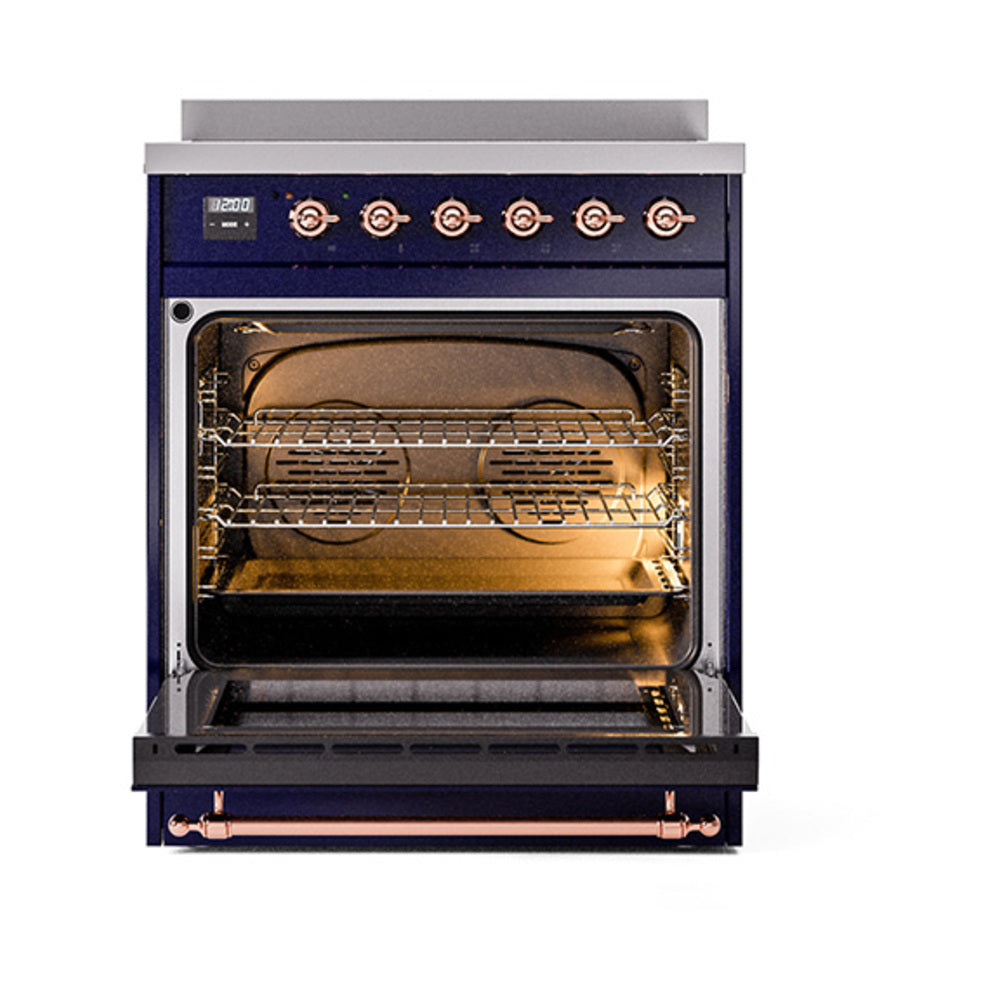 ILVE 30-Inch Nostalgie II Induction Range with Solid Door Oven in Midnight Blue with Copper Trim (UPI304QNMPMBP)