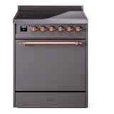 ILVE 30-Inch Nostalgie II Induction Range with Solid Door Oven in Matte Graphite with Copper Trim (UPI304QNMPMGP)