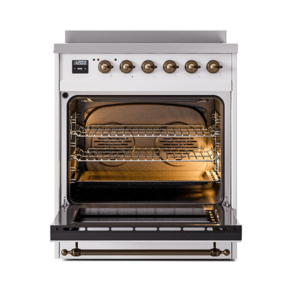 ILVE 30-Inch Nostalgie II Induction Range with Solid Door Oven in White with Bronze Trim (UPI304QNMPWHB)