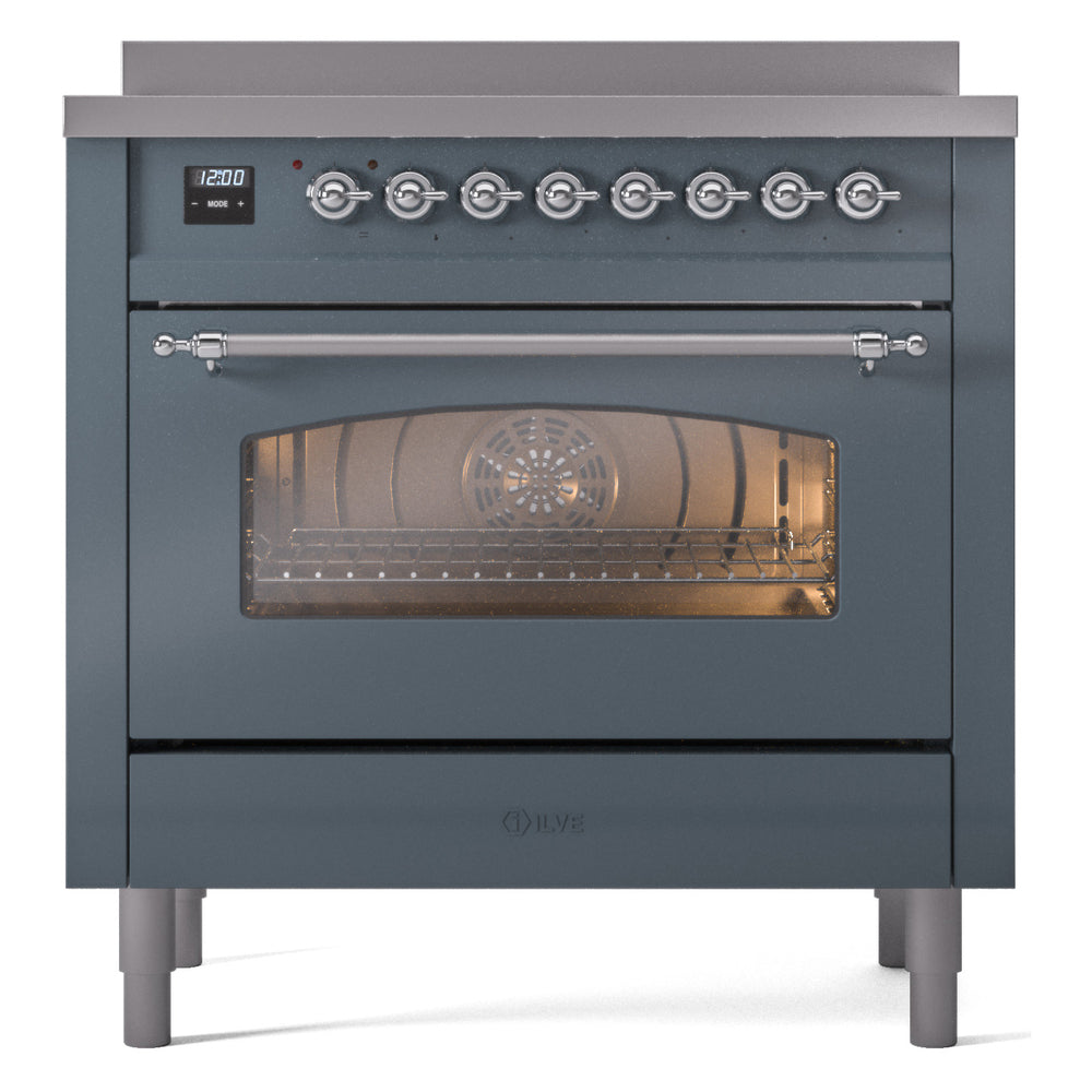 ILVE Nostalgie II 36-Inch Freestanding Electric Induction Range in Blue Grey with Chrome Trim (UPI366NMPBGC)