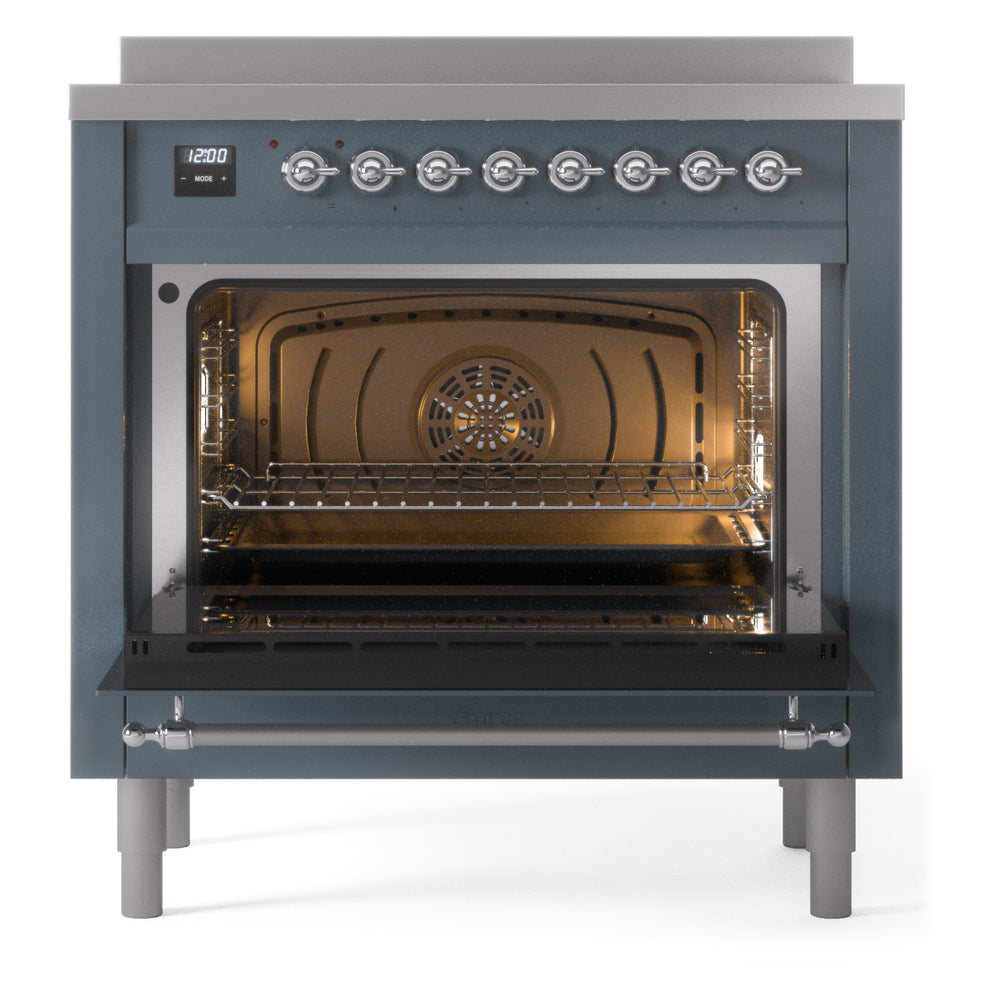 ILVE Nostalgie II 36-Inch Freestanding Electric Induction Range in Blue Grey with Chrome Trim (UPI366NMPBGC)