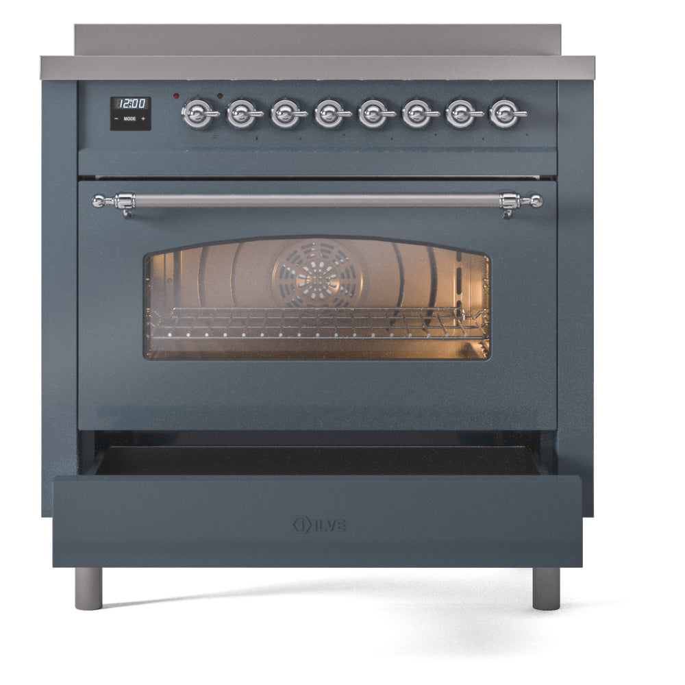 ILVE Nostalgie II 36-Inch Freestanding Electric Induction Range in Blue Grey with Chrome Trim (UPI366NMPBGC)