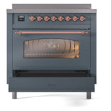 ILVE Nostalgie II 36-Inch Freestanding Electric Induction Range in Blue Grey with Copper Trim (UPI366NMPBGP)