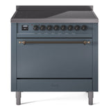 ILVE 36-Inch Nostalgie II Induction Range with Solid Door Oven in Blue Grey with Bronze Trim (UPI366QNMPBGB)
