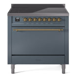 ILVE 36-Inch Nostalgie II Induction Range with Solid Door Oven in Blue Grey with Brass Trim (UPI366QNMPBGG)