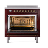 ILVE 36-Inch Nostalgie II Induction Range with Solid Door Oven in Burgundy with Bronze Trim (UPI366QNMPBUB)