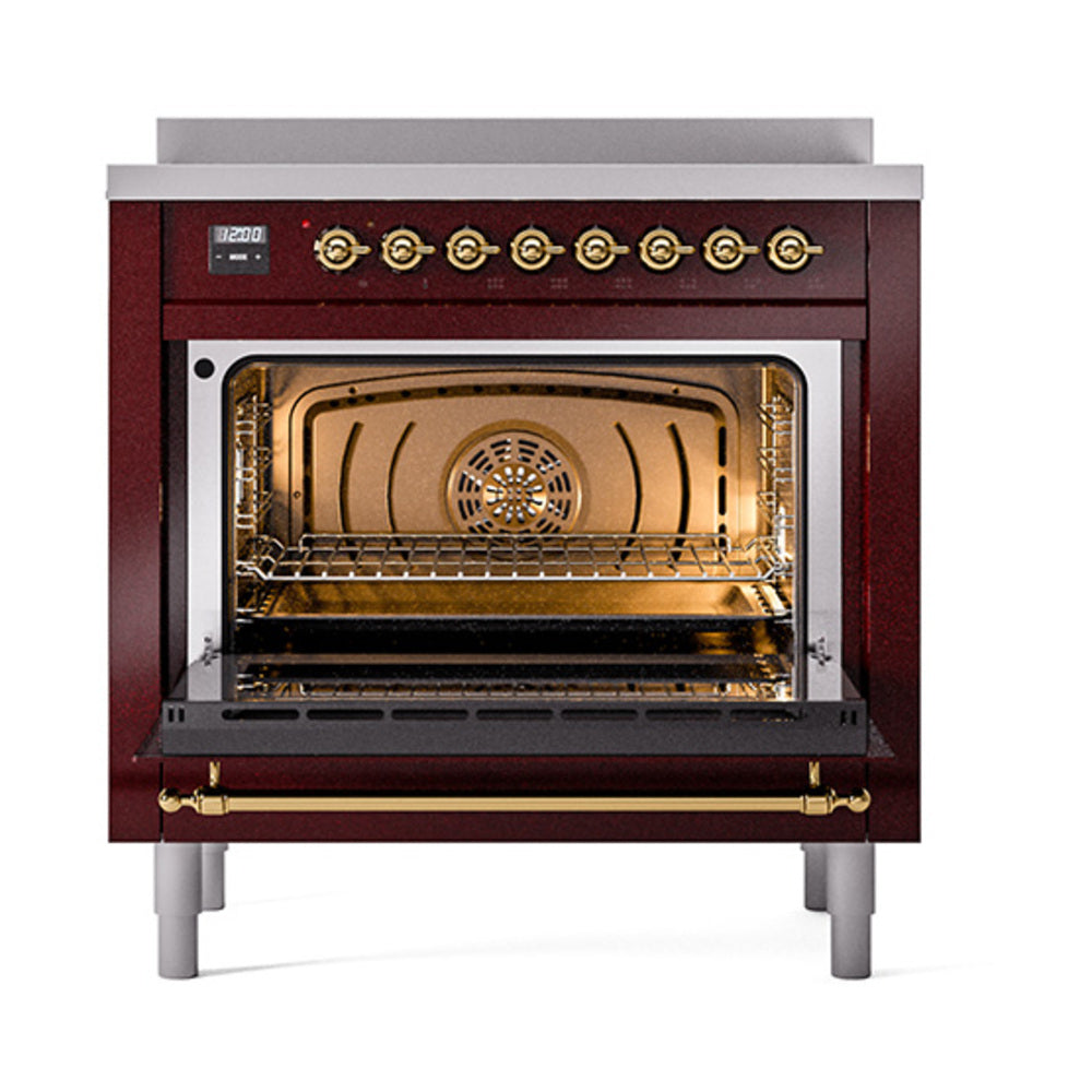 ILVE 36-Inch Nostalgie II Induction Range with Solid Door Oven in Burgundy with Brass Trim (UPI366QNMPBUG)