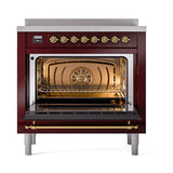 ILVE 36-Inch Nostalgie II Induction Range with Solid Door Oven in Burgundy with Brass Trim (UPI366QNMPBUG)