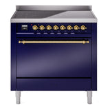 ILVE 36-Inch Nostalgie II Induction Range with Solid Door Oven in Midnight Blue with Brass Trim (UPI366QNMPMBG)