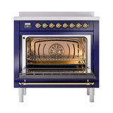 ILVE 36-Inch Nostalgie II Induction Range with Solid Door Oven in Midnight Blue with Brass Trim (UPI366QNMPMBG)