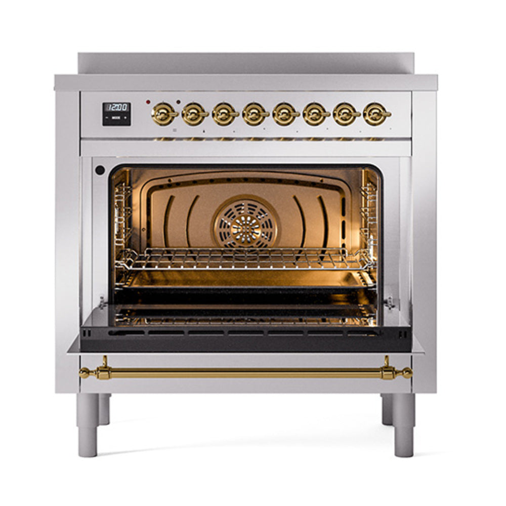 ILVE 36-Inch Nostalgie II Induction Range with Solid Door Oven in Stainless Steel with Brass Trim (UPI366QNMPSSG)