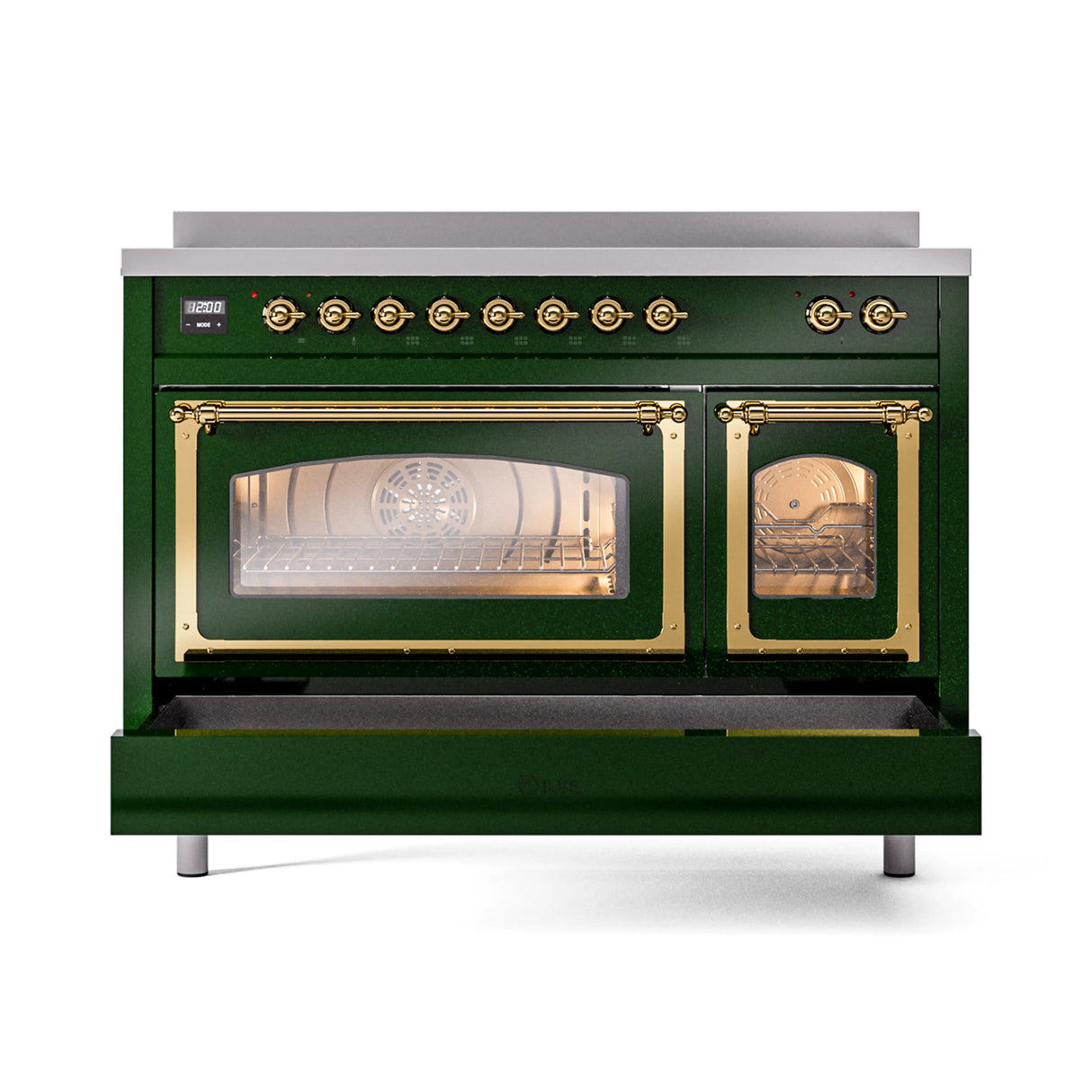 ILVE Nostalgie II Noblesse 48-Inch Induction Range with Triple Glass Door in Emerald Green with Brass Trim (UNI486NMPEGG)