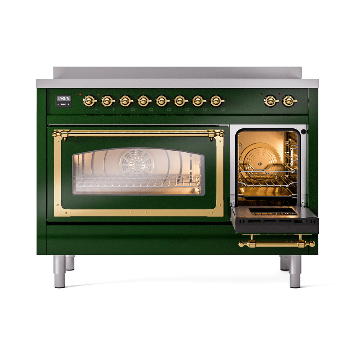 ILVE Nostalgie II Noblesse 48-Inch Induction Range with Triple Glass Door in Emerald Green with Brass Trim (UNI486NMPEGG)