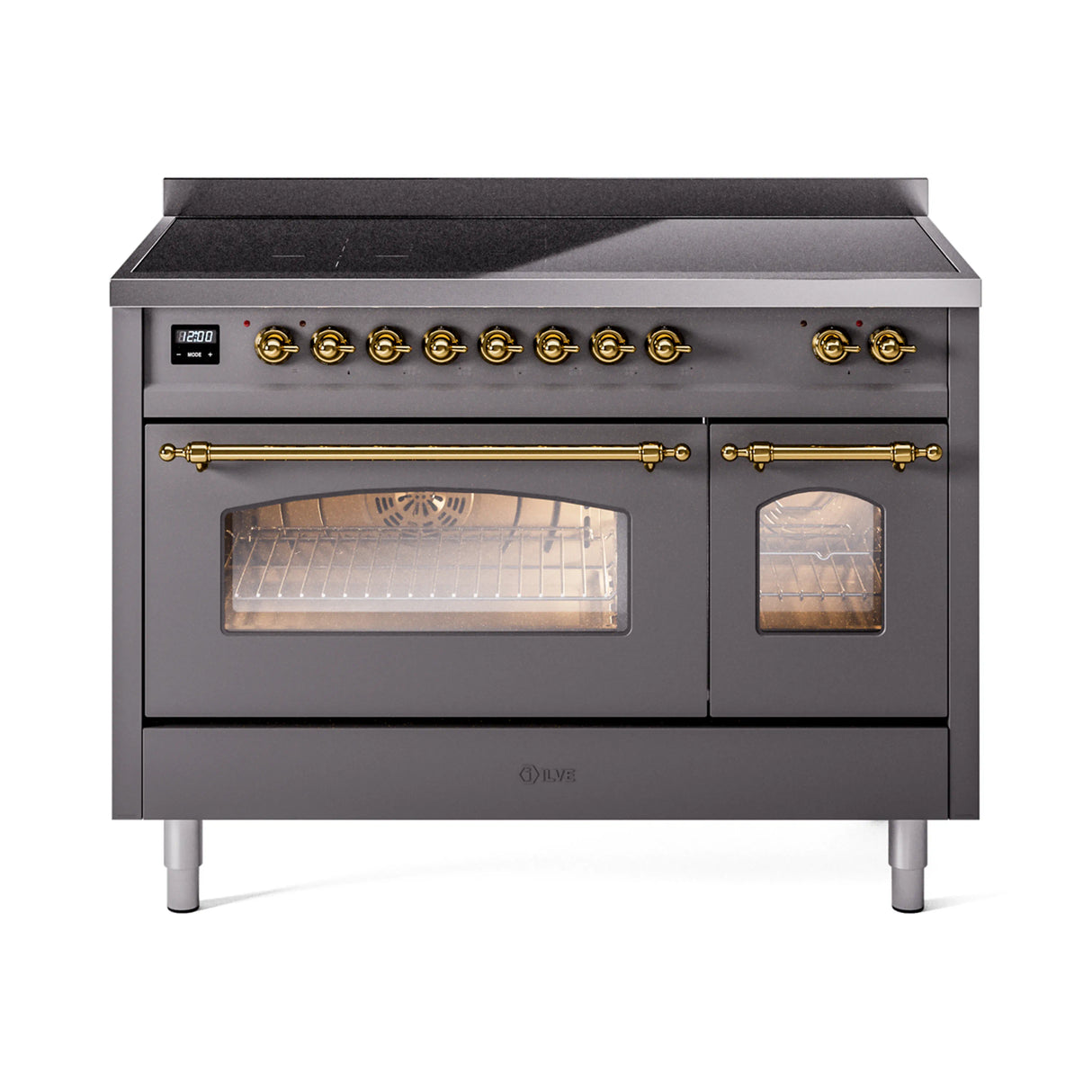 ILVE Nostalgie II Noblesse 48-Inch Induction Range with Triple Glass Door in Matte Graphite with Brass Trim (UNI486NMPMGG)