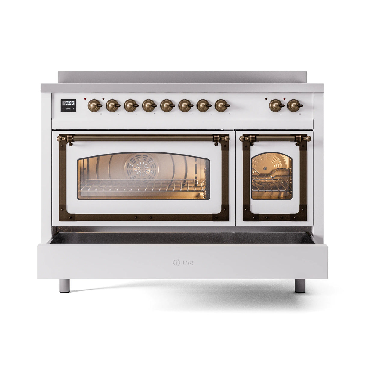 ILVE Nostalgie II Noblesse 48-Inch Induction Range with Triple Glass Door in White with Bronze Trim (UNI486NMPWHB)
