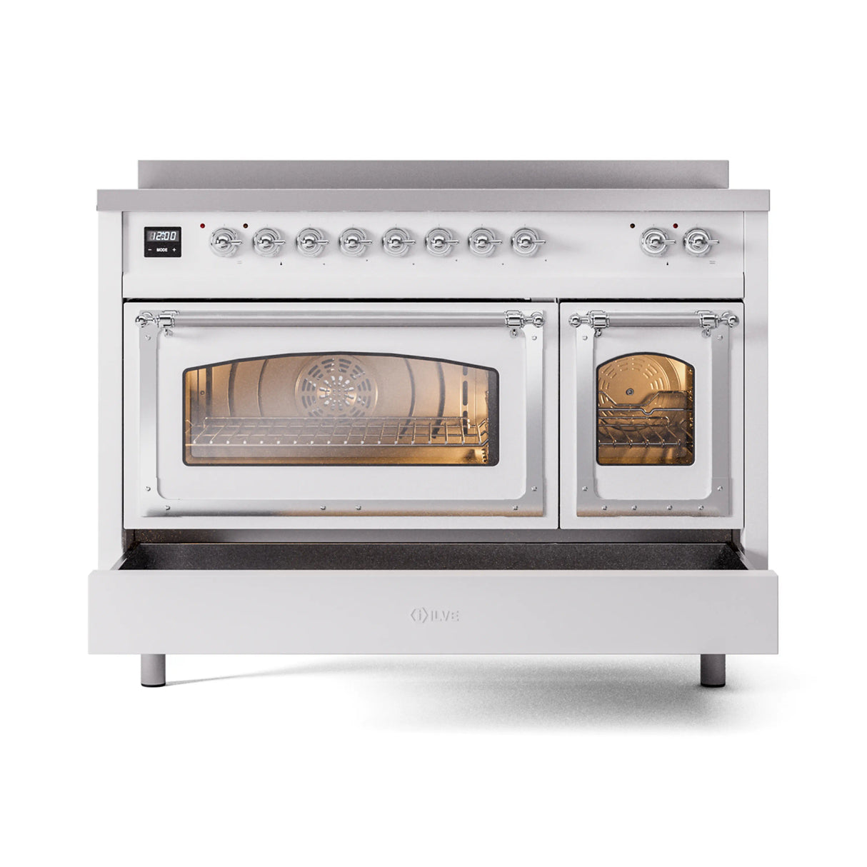 ILVE Nostalgie II Noblesse 48-Inch Induction Range with Triple Glass Door in White with Chrome Trim (UNI486NMPWHC)