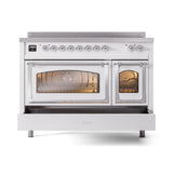 ILVE Nostalgie II Noblesse 48-Inch Induction Range with Triple Glass Door in White with Chrome Trim (UNI486NMPWHC)