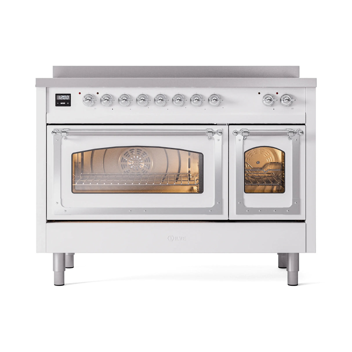 ILVE Nostalgie II Noblesse 48-Inch Induction Range with Triple Glass Door in White with Chrome Trim (UNI486NMPWHC)