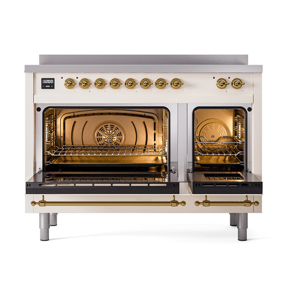 ILVE 48-Inch Nostalgie II Induction Range with Solid Door Oven in Antique White with Brass Trim (UPI486QNMPAWG)