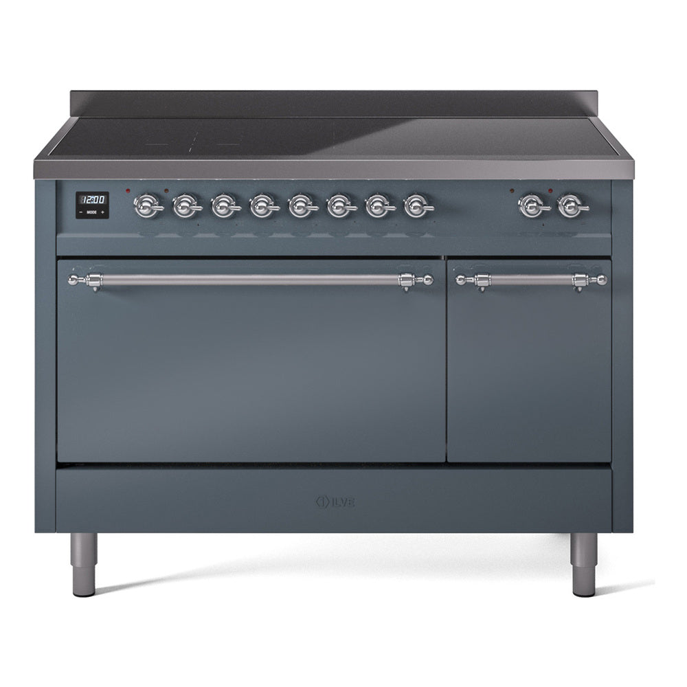 ILVE 48-Inch Nostalgie II Induction Range with Solid Door Oven in Blue Grey with Chrome Trim (UPI486QNMPBGC)