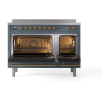 ILVE 48-Inch Nostalgie II Induction Range with Solid Door Oven in Blue Grey with Brass Trim (UPI486QNMPBGG)