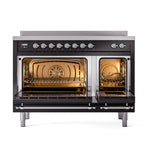 ILVE 48-Inch Nostalgie II Induction Range with Solid Door Oven in Glossy Black with Chrome Trim (UPI486QNMPBKC)