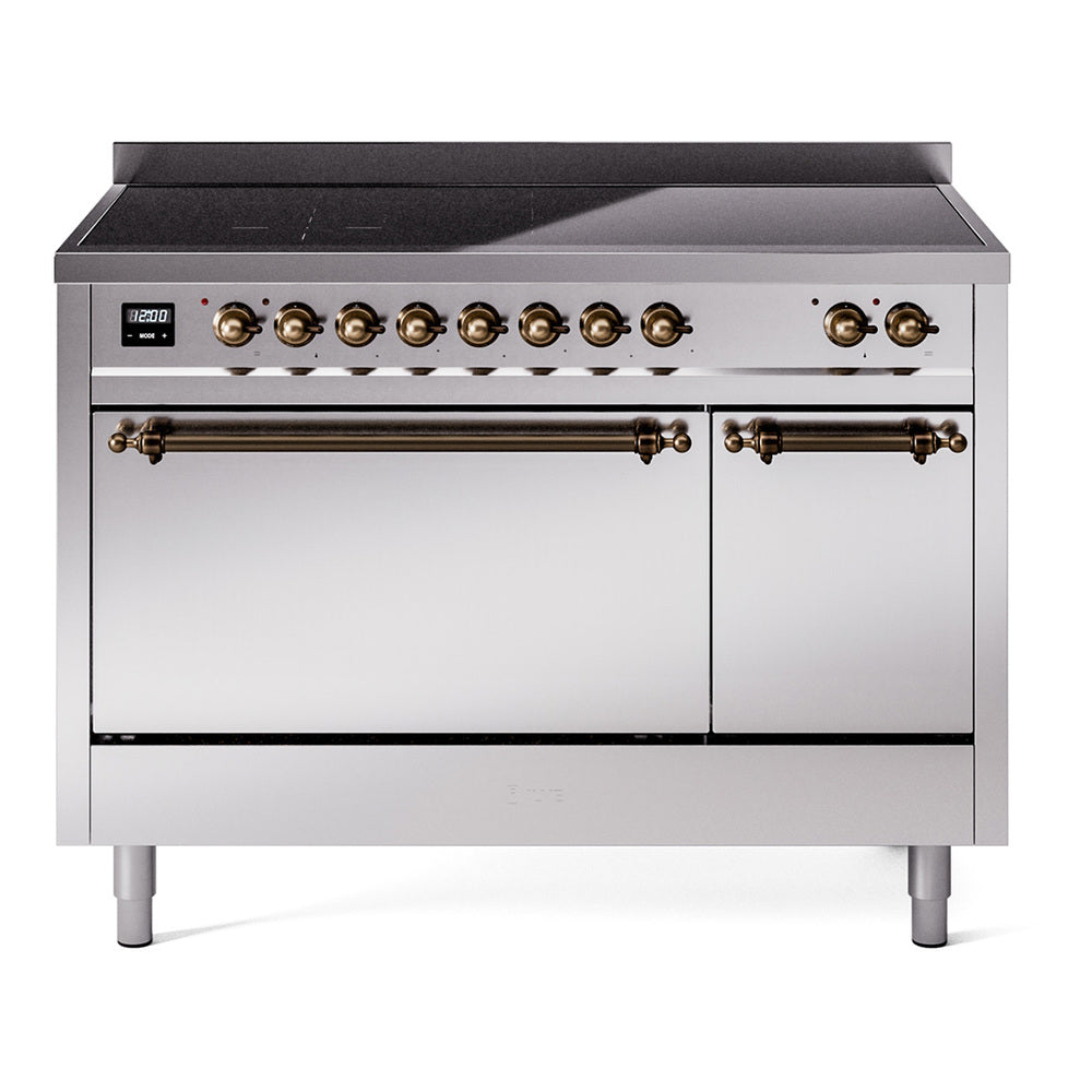 ILVE 48-Inch Nostalgie II Induction Range with Solid Door Oven in Stainless Steel with Chrome Trim (UPI486QNMPSSC)