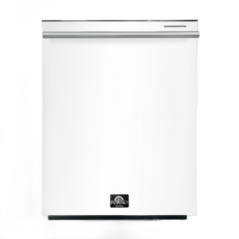 FORNO Espresso Package - 30" Electric Range, Range Hood, Refrigerator and Dishwasher in White with Silver Handles