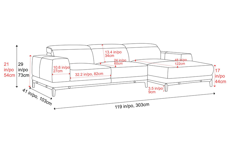 Valencia Valletta Top Grain Leather Three Seats with Right Chaise Sofa, Beige