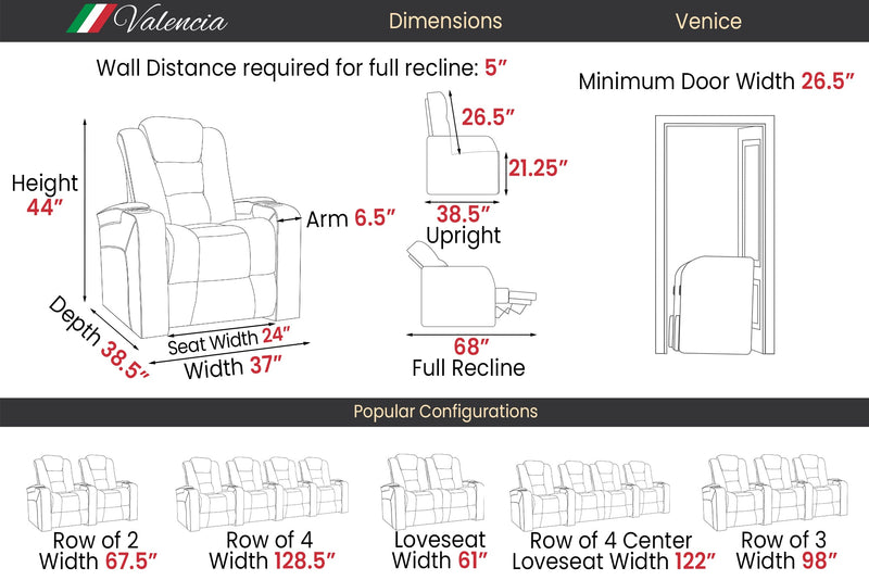 Valencia Venice Leather Home Theater Seating Row of 2, Black