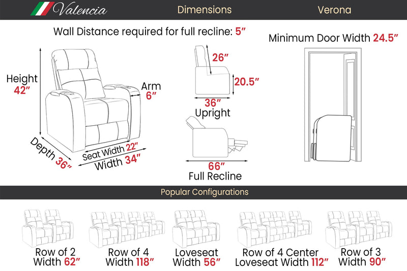 Valencia Verona Single Leather Home Theater Seating Power Headrest, Black