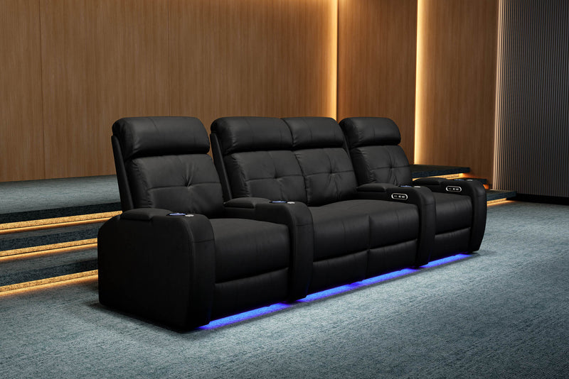Valencia 2025 New Verona Leather Home Theater Seating Power Headrest Row of 4 Loveseat Center, Black