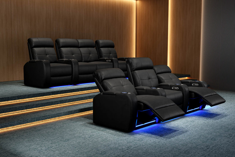 Valencia 2025 New Verona Leather Home Theater Seating Power Headrest Row of 5 Loveseat Left, Black