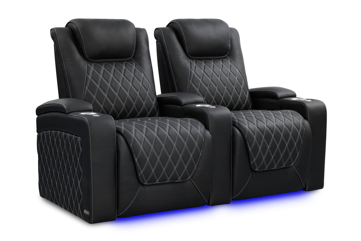 Valencia 2025 New Oslo Ultimate Luxury Leather Home Theater Seating Row of 2, Onyx with Silver Stitching