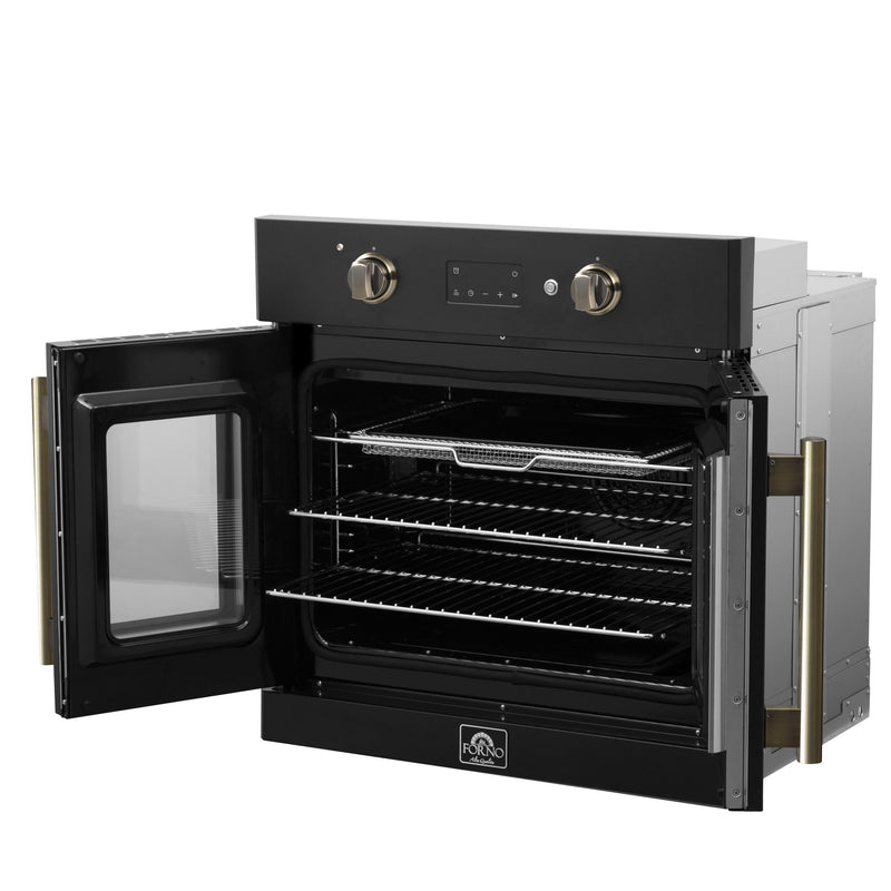 FORNO Asti 30" 3.58 cu. ft. French Door Electric Wall Oven with Air Fry, Self-Clean and Sous Vide in Black with Antique Brass Accents, FBOEL1333-30BLK