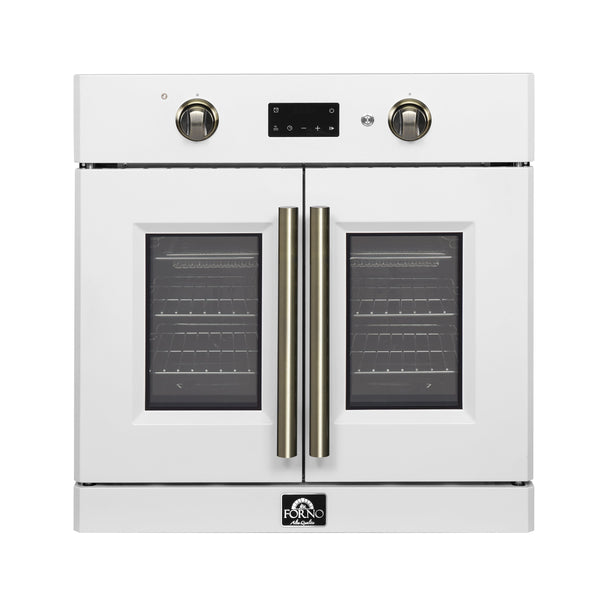 FORNO Asti 30" 3.58 cu. ft. French Door Electric Wall Oven with Air Fry, Self-Clean and Sous Vide in White with Antique Brass Accents, FBOEL1333-30WHT