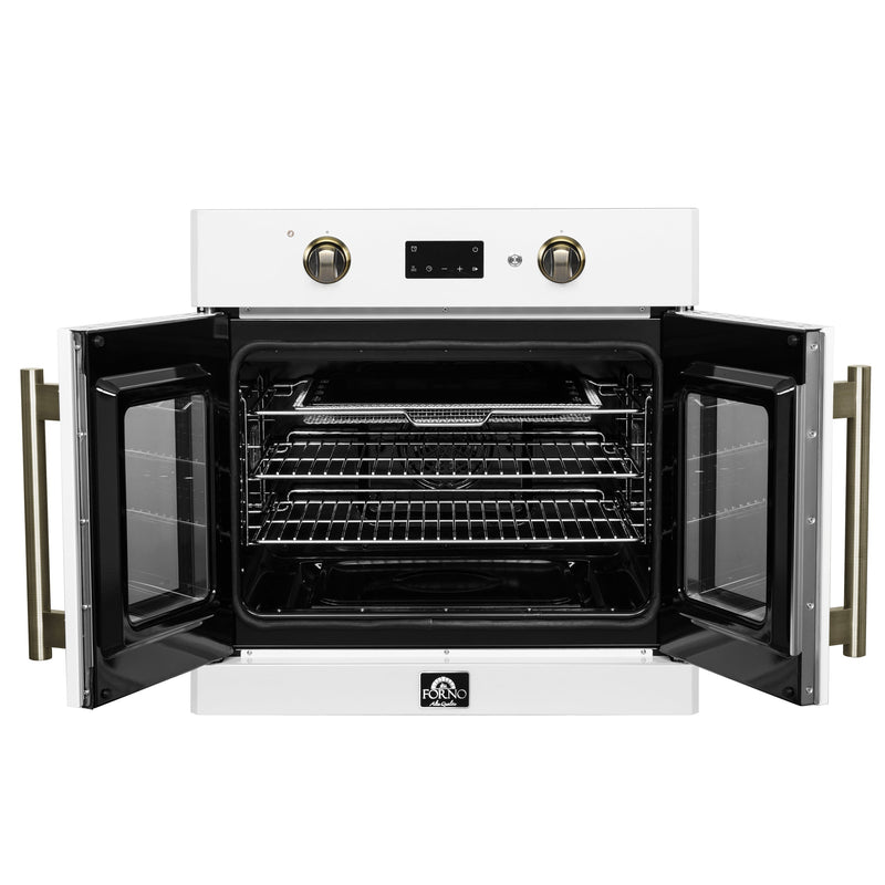 FORNO Asti 30" 3.58 cu. ft. French Door Electric Wall Oven with Air Fry, Self-Clean and Sous Vide in White with Antique Brass Accents, FBOEL1333-30WHT