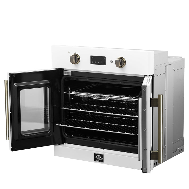 FORNO Asti 30" 3.58 cu. ft. French Door Electric Wall Oven with Air Fry, Self-Clean and Sous Vide in White with Antique Brass Accents, FBOEL1333-30WHT